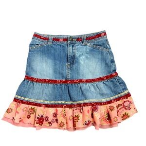 Mary-Kate and Ashley Girls Denim Skirt Y2K Bandana Floral Ruffle Sz-8 Boho AS IS